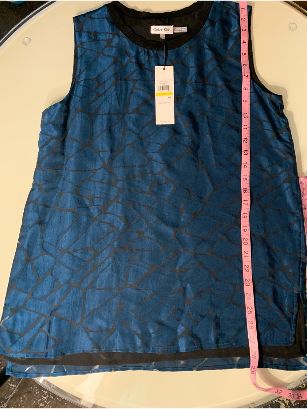 Calvin Klein Teal Blue & Black Patterned Sleeveless Shell Top